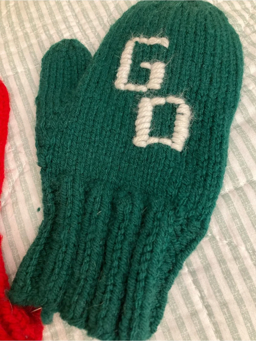 Vintage Children's Safety Mittens Hand-knitted Vibrant Red/Green